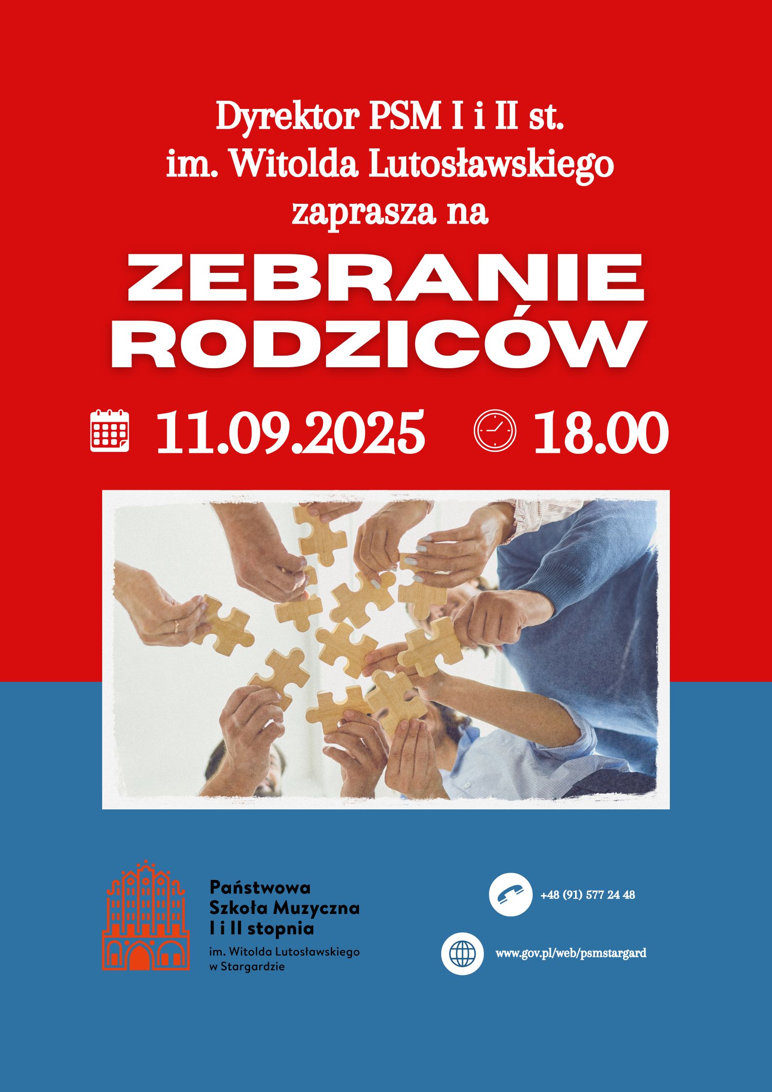 Plakat informujący o zebraniu rodziców w dniu 11 września 2025 o godzinie 18.00. Tło plakatu jest czerwono-niebieskie, a w jego środkowej części znajduje się zdjęcie na którym są ręce dorosłych ludzi trzymające drewniane puzzle.