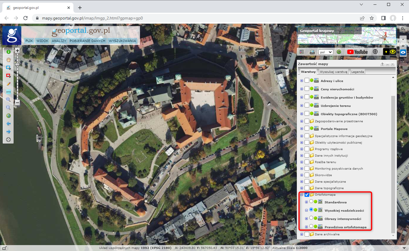 Ilustracja przedstawia zrzut ekranu z serwisu www.geoportal.gov.pl przedstawiający miasto Kraków w usłudze Ortofotomapa Wysokiej Rozdzielczości