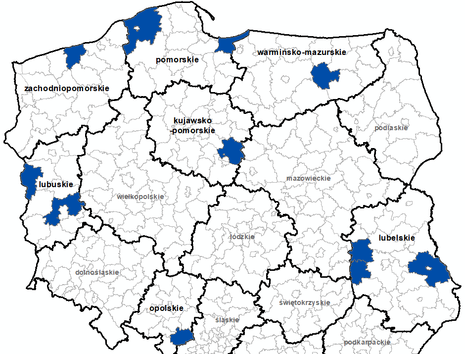 Ilustracja przedstawia obszary powiatów objętych aktualizacją zbiorów danych BDOT10k.