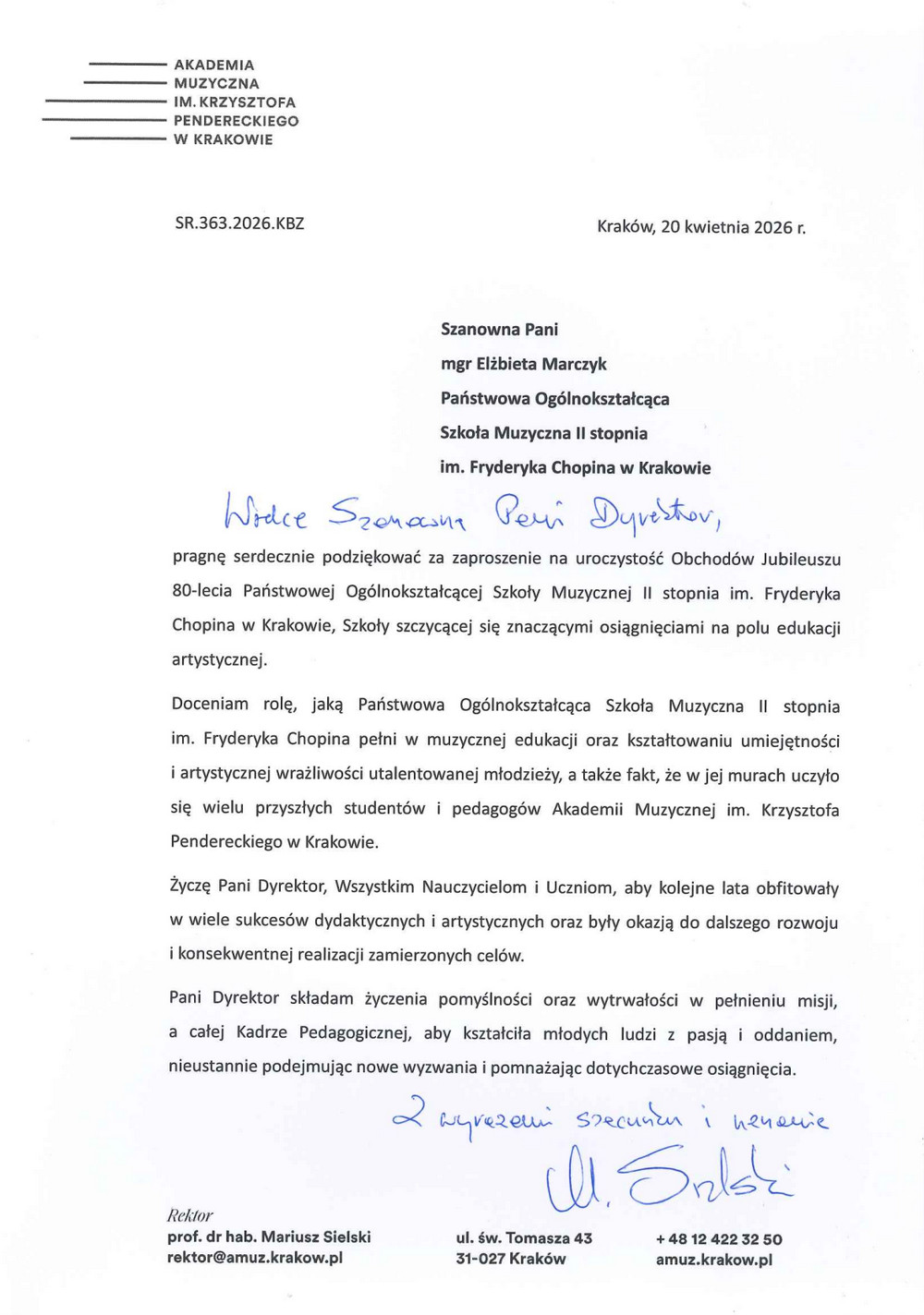 p. Mariusz Sielski - Rektor Akademii Muzycznej im.Krzysztofa Pendereckiego w Krakowie