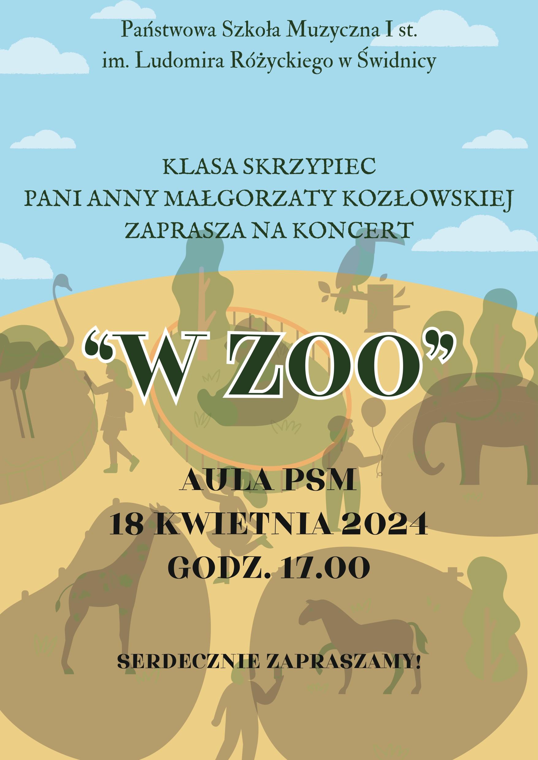Plakat informujacy o koncercie napisy w kolorze czarnym.Klasa skrzypiec Pani Anny Małgorzty kozłowskiej zaprasza na koncert- w zoo, aula psm 18-04-2024 godz. 17:00 serdecznie zapraszamy. Tło w kolorze pasku na tle cienie zwierząt i ludzi zwiedzających zoo na górze zarys nieba z obłokami.