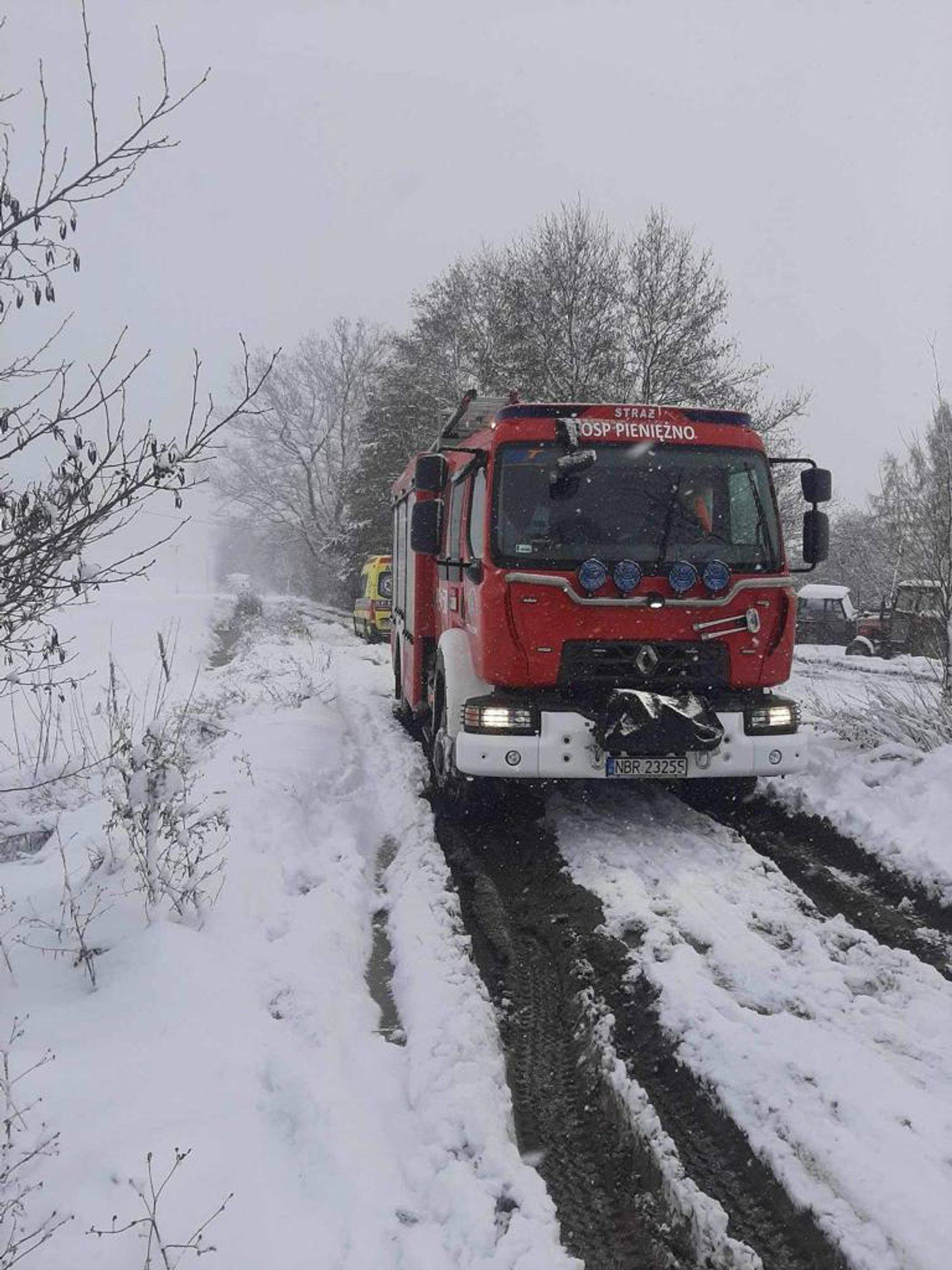 Strażacy i medycy na saniach transportowali chorego 