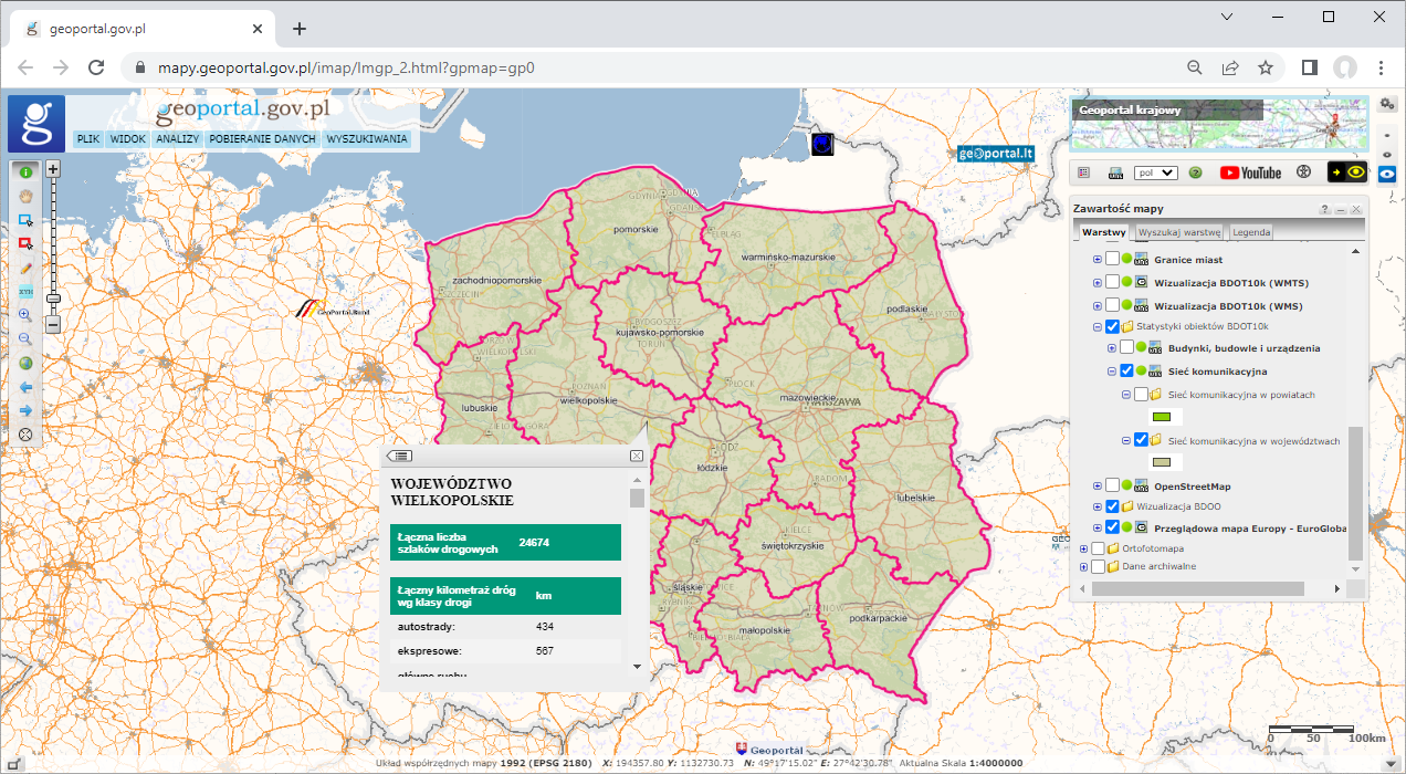 zdjęcie przedstawia zrzut ekranu z nową usługą WMS prezentującą statystyki dotyczące sieci komunikacyjnej w serwisie www.geoportal.gov.pcą statystyki dotyczące sieci komunikacyjnej w serwisie www.geoportal.gov.pl