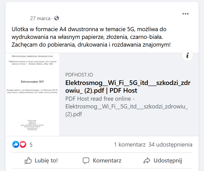 Zrzut wpisu z profilu autora ulotki "Elektrosmog WiFi 5G itd. szkodzi zdrowiu" zachęcający do jej pobrania i wydrukowania.