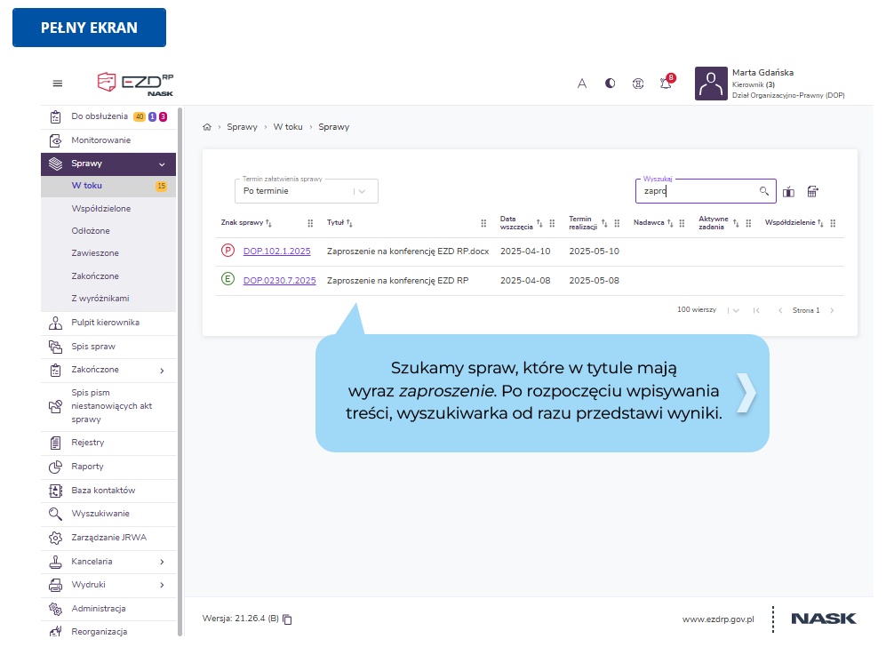 Jedno z ćwiczeń interaktywnych znajdujących się w kursie „EZD RP – Wyszukiwanie w systemie.