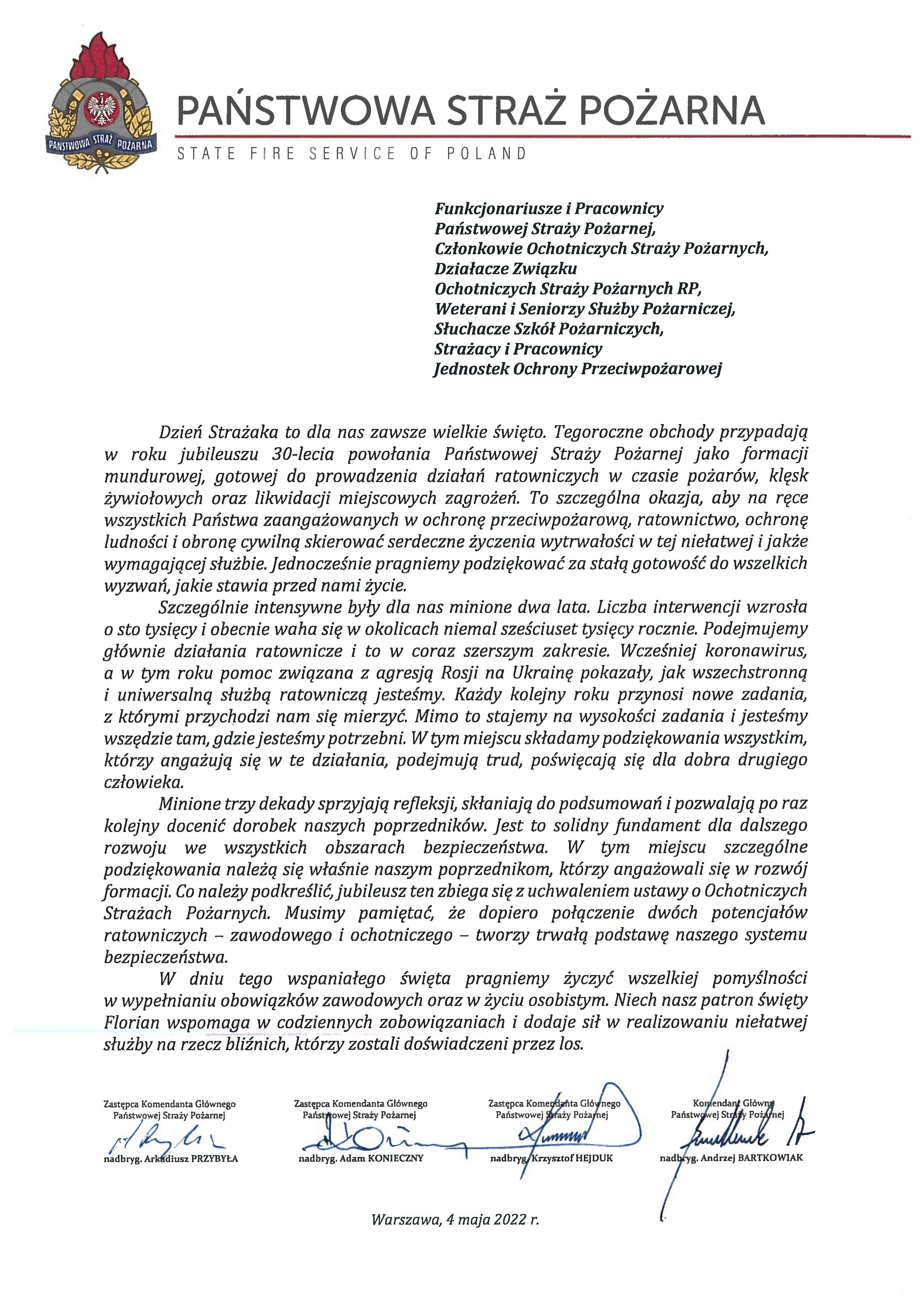 Życzenia Komendanta Głownego PSP z okazji Dnia Strażaka 2022