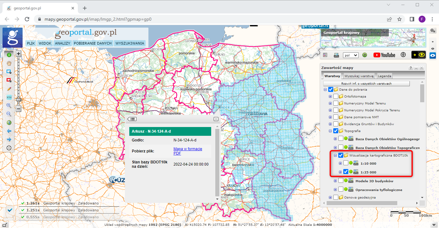 Rys. 2 Ilustracja przedstawia zrzut ekranu z serwisu www.geoportal.gov.pl pokazujący w jaki sposób pobrać wizualizacje kartograficzne BDOT10k w skali 1 25000.