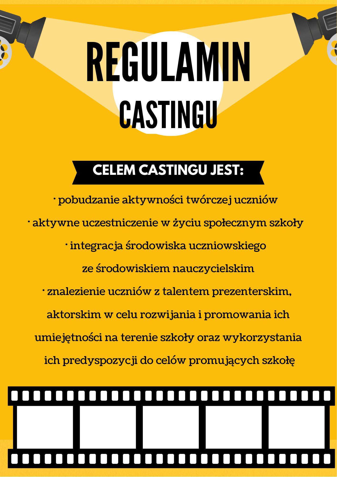plakat na żółtym tle, na środku opisy celu castinkgu