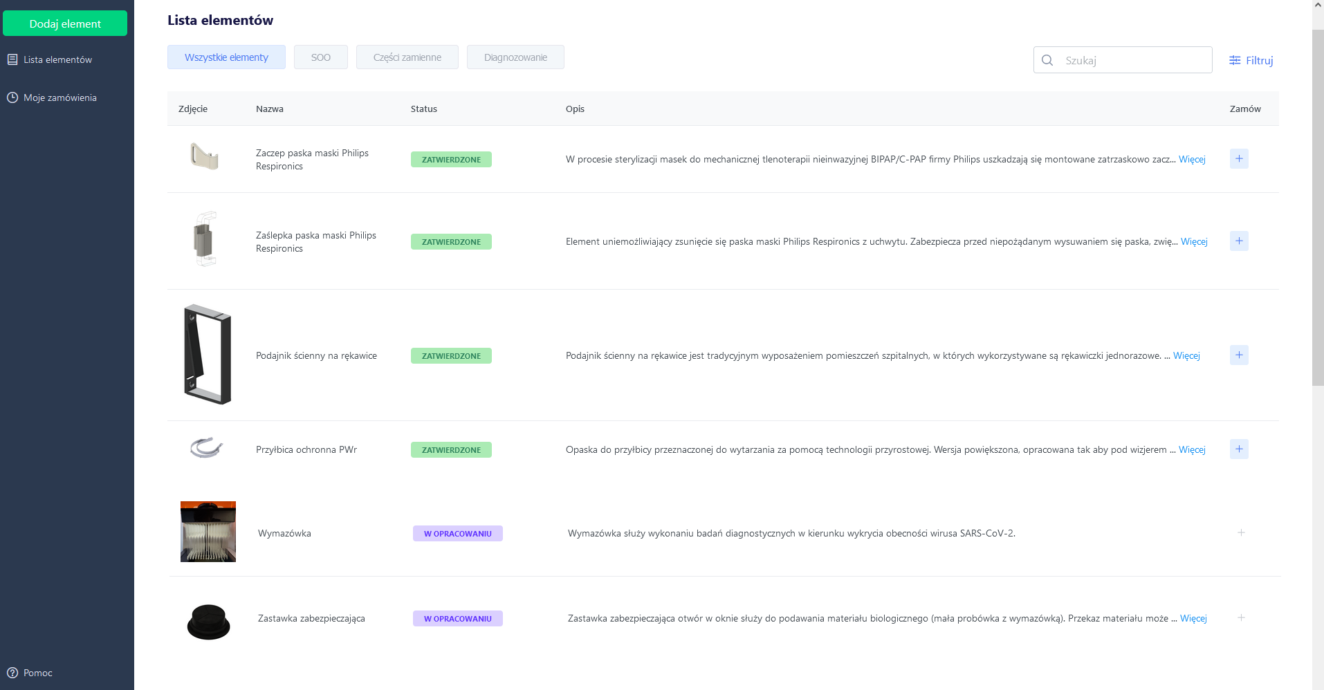 Widok strony po zalogowaniu do platformy w trybie Zamawiający – lista części_wyrobów dostępna do
zamówienia
