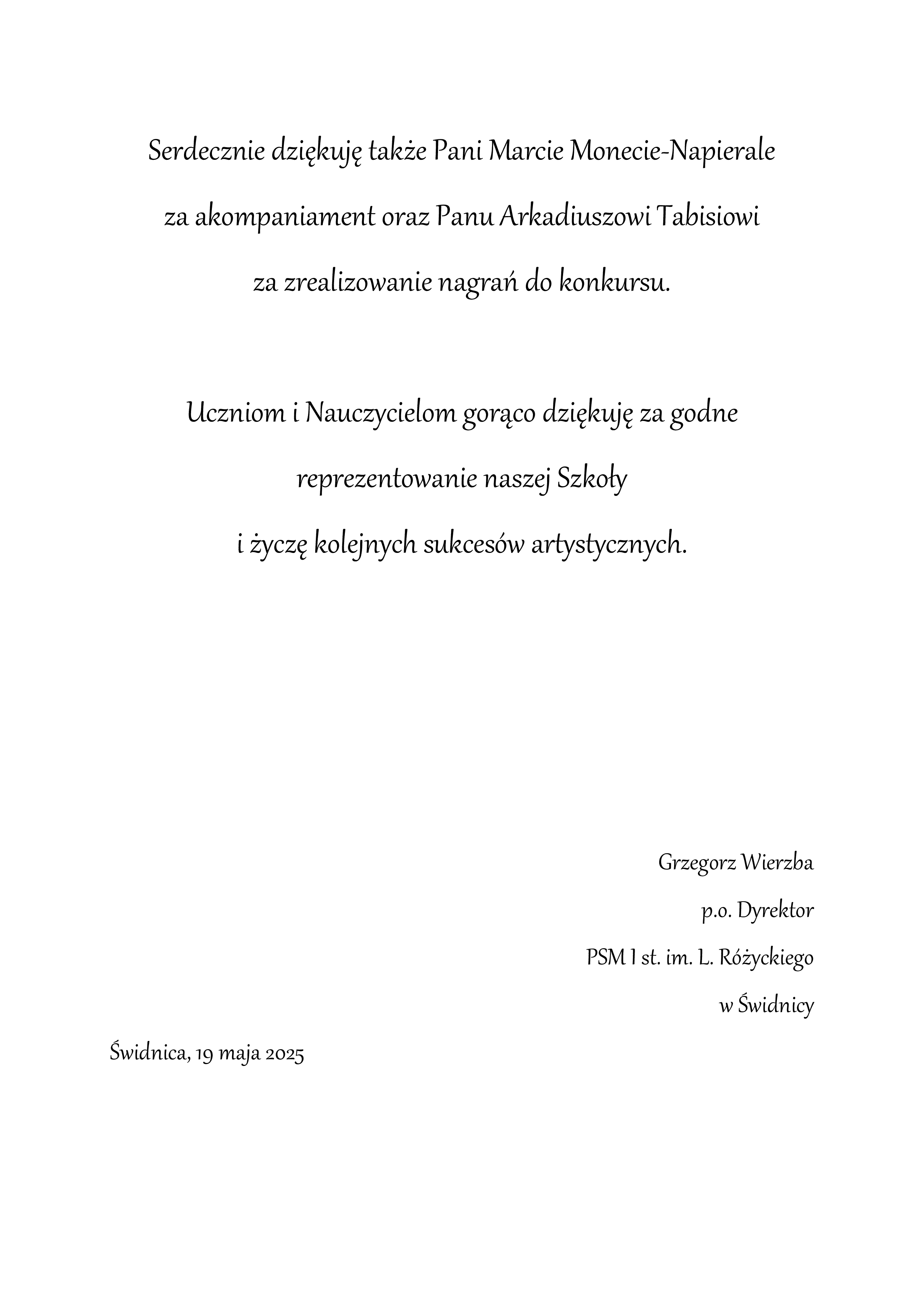 Podziękowania napisane czarną ozdobną czcionką na białym tle.
