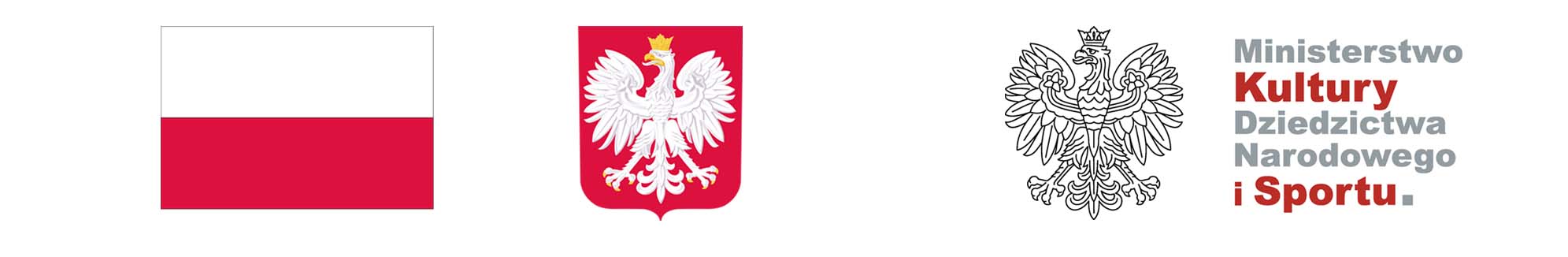 Na białym tle od lewej: flaga Polski, godło Polski (biały orzeł na czerwonym tle) , orzeł biały, Napis Ministerstwo Kultury Dziedzictwa Narodowego i Sportu
