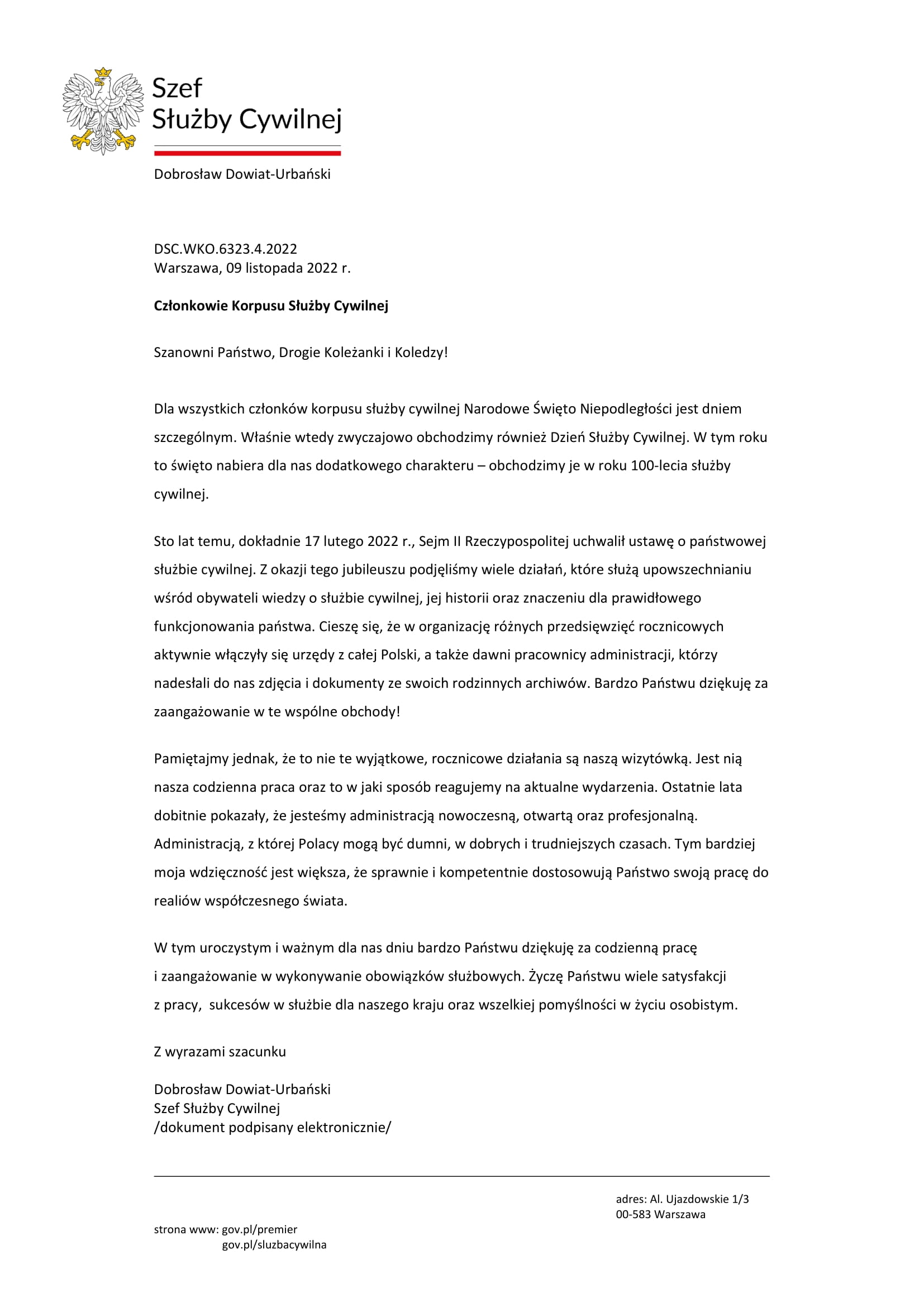 LIST SZEFA SŁUŻBY CYWILNEJ DO CZŁONKÓW KORPUSU SŁUŻBY CYWILNEJ