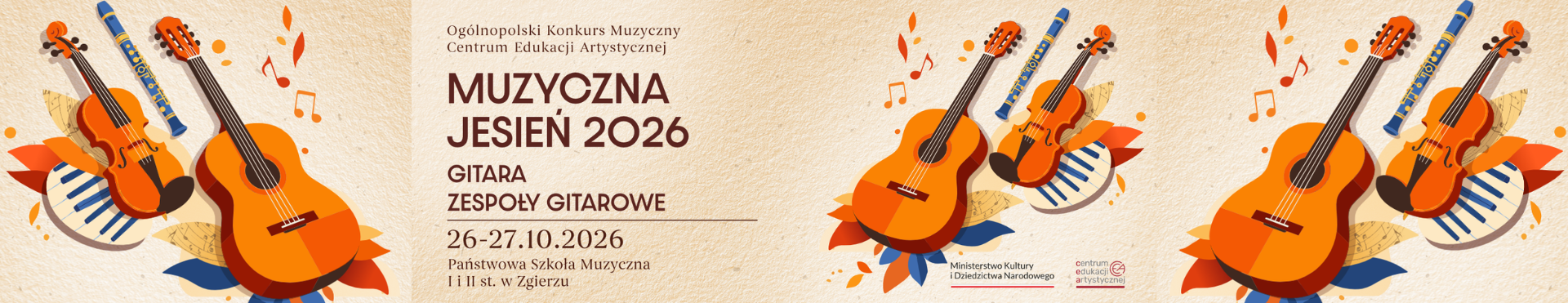 Baner wydarzenia „Muzyczna Jesień 2026 – Gitara. Zespoły gitarowe”, które odbędzie się 26–27 października 2026 r. w Państwowej Szkole Muzycznej I i II st. w Zgierzu. Na grafice przedstawiono gitary, skrzypce i nuty w jesiennej stylistyce.