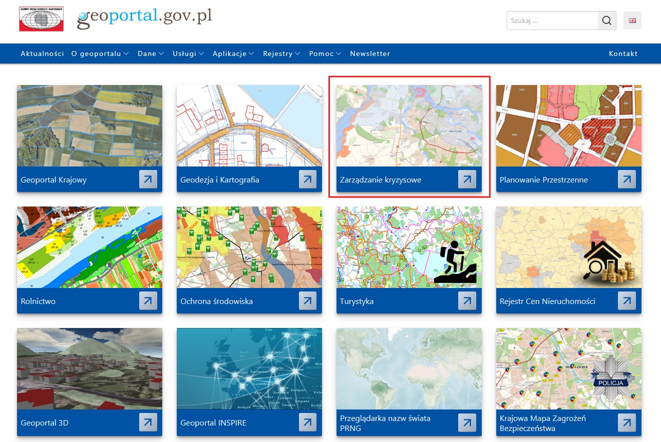 Ilustracja przedstawia stronę główną www.geoportal.gov.pl z zaznaczonym modułem "Zarządzanie kryzysowe"