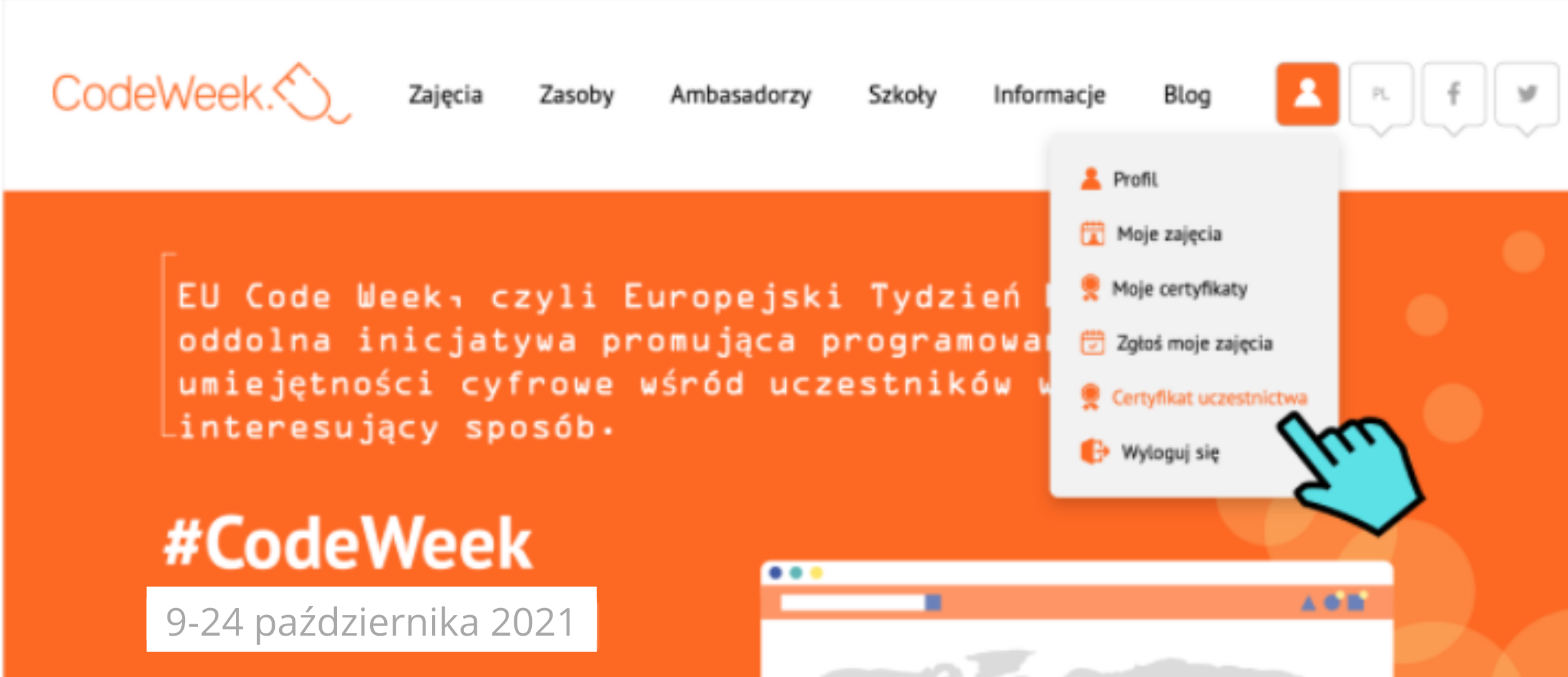 Grafika przedstawia stronę codeweek.eu z rozwiniętym menu opcji. Podświetlona na pomarańczowo jest zakładka “Certyfikat uczestnictwa”. Wskazuje na nią niebieski symbol kursora myszy.