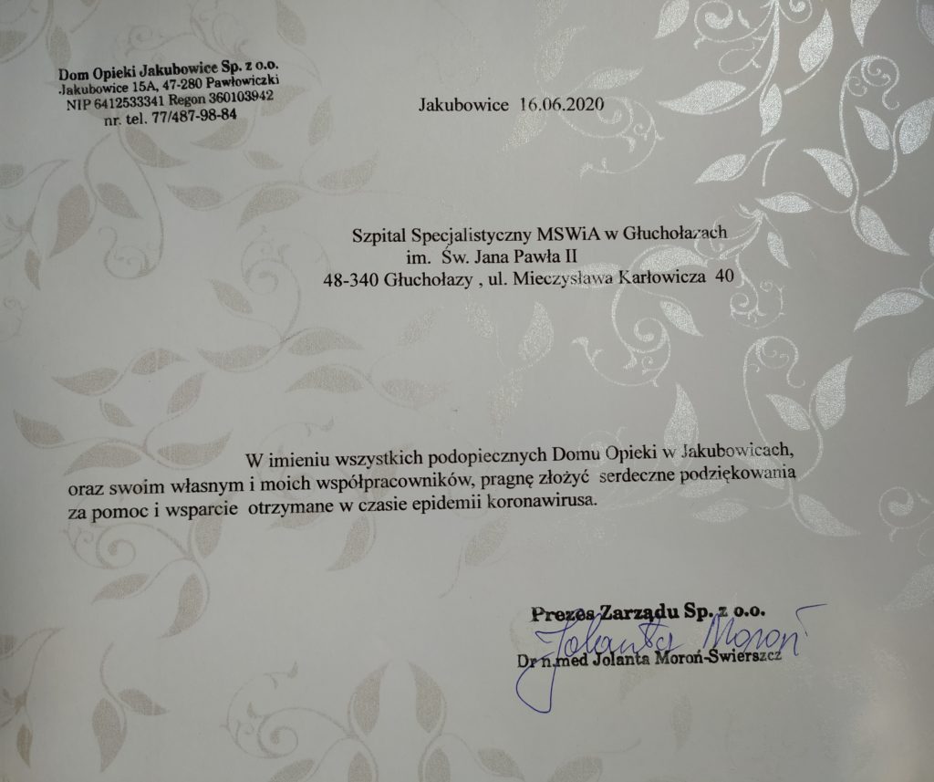 Podziękowania z Domu Opieki Jakubowice