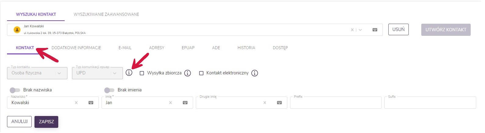 Widok kontaktu typu Osoba fizyczna w Bazie kontaktów. 