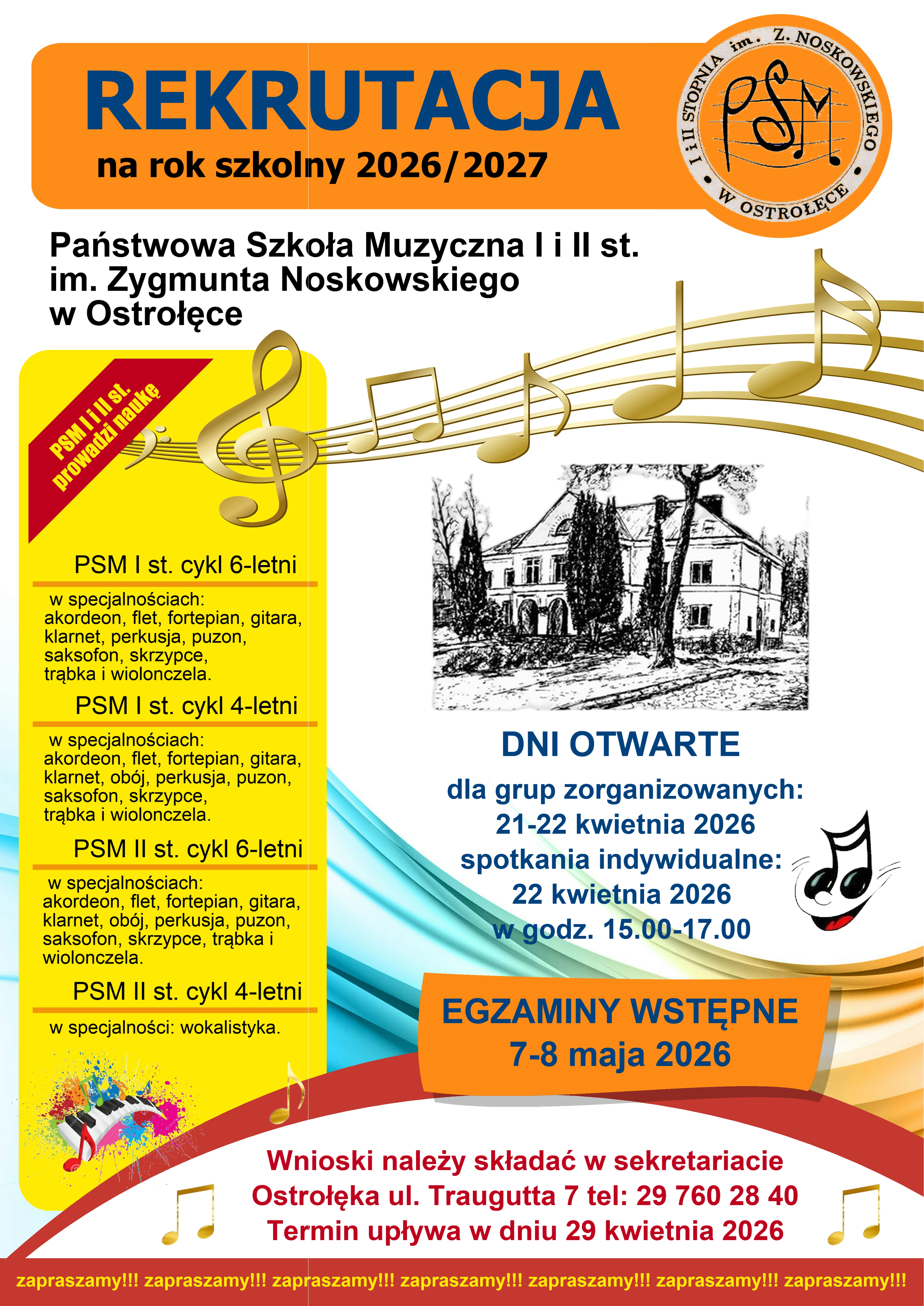 Plakat informujący o rekrutacji do Państwowej Szkoły Muzycznej im. Zygmunta Noskowskiego w Ostrołęce na rok szkolny 2026/2027