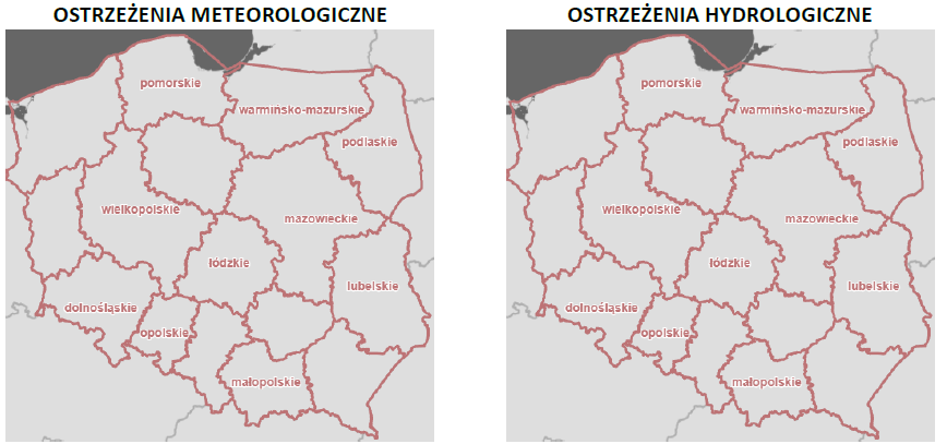 Ostrzeżenia meteorologiczne i hydrologiczne z podziałem na województwa - 24 grudnia 2025. Kolor czerwony dla ostrzeżeń 3 stopnia, pomarańczowy dla 2 stopnia, żółty dla 1 stopnia, szary dla suszy, biały brak ostrzeżeń. 