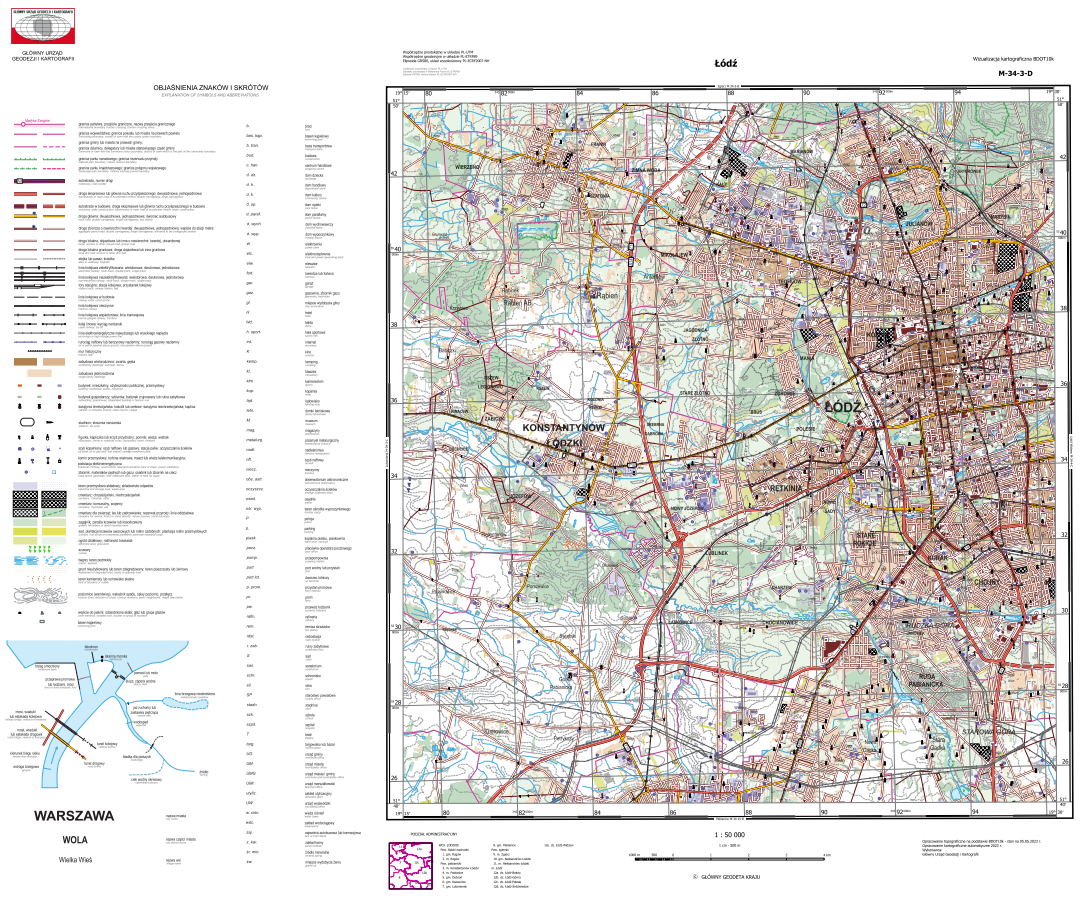 Ilustracja przedstawia przykładową wizualizację kartograficzną BDOT10k w skali 1:50000 dla m. Łódź