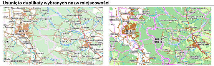 Ilustracja przedstawia przykład z usuniętymi duplikatami wybranych nazw miejscowości i przykład ze zduplikowanymi nazwami miejscowości przed poprawą