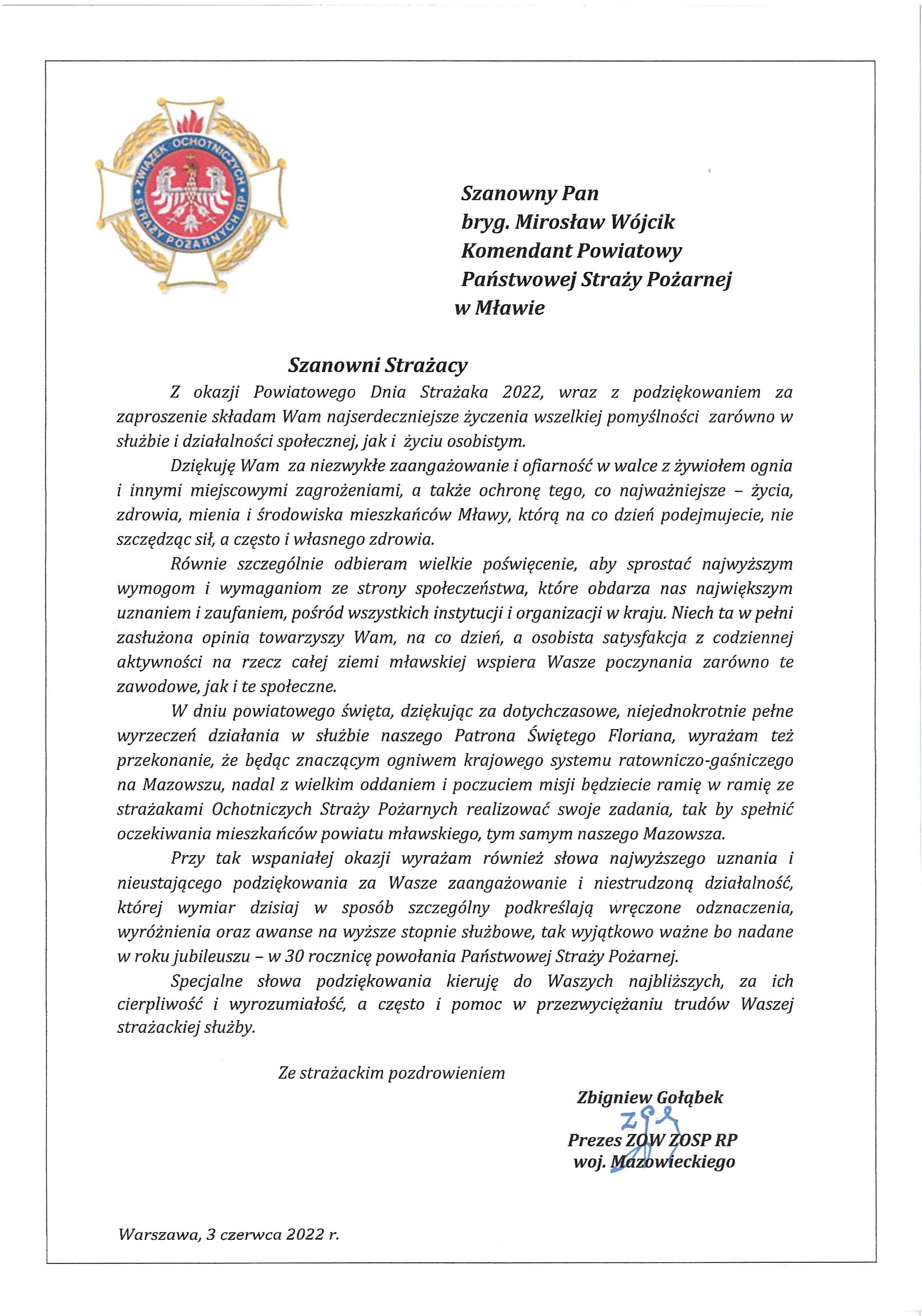 Życzenia Prezesa ZOW ZOSP RP Zbigniewa Gołąbka z okazji Powiatowego Dnia Strażaka 2022.