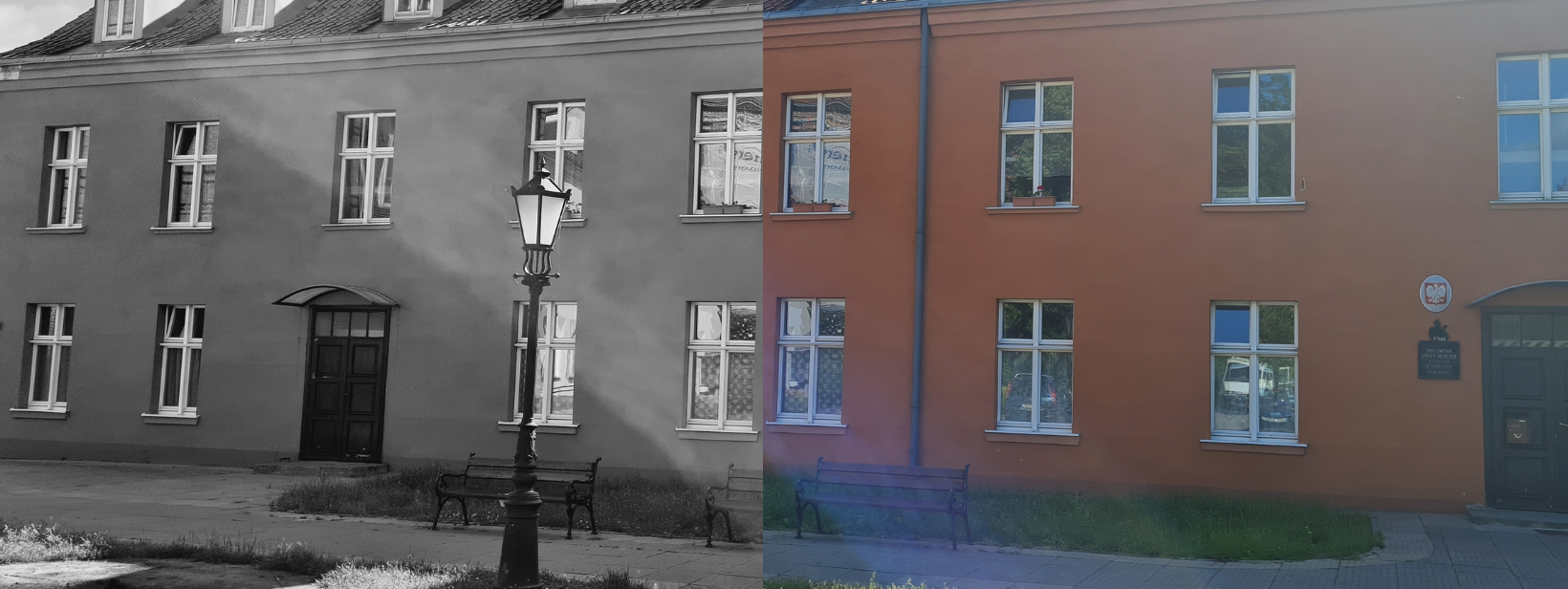 Budynek Państwowej Szkoły Muzycznej I stopnia w Tczewie. Obraz przedstawia dwie fotografie nałożone na siebie. Z prawej strony w kolorystyce czarno-białej budynek z oknami i drzwiami. Przed budynkiem ławka i latarnia. Z lewej strony zdjęcie budynku w kolorze: budynek koloru pomarańczowego, z oknami i drzwiami wejściowymi. Przed Budynkiem ławka.