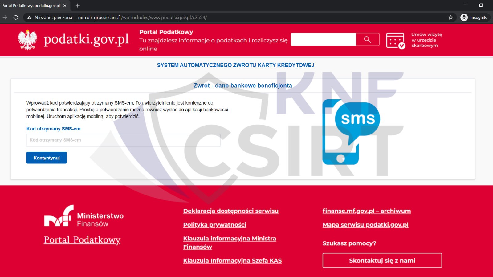 Strona intranetowa przypominająca podatki.gov.pl z formularzem do wypełnienia kodem otrzymanym SMS-em.