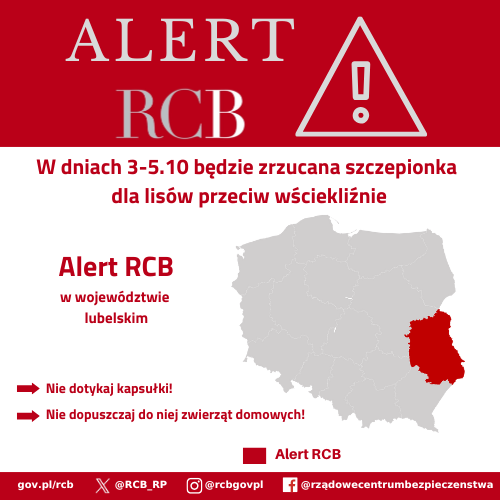 Alert RCB o treści: „Uwaga! W dniach 3-5.10 będzie zrzucana szczepionka dla lisów przeciw wściekliźnie. Nie dotykaj kapsułki i nie dopuszczaj do niej zwierząt domowych!” wysłany 2 października 2025 roku.