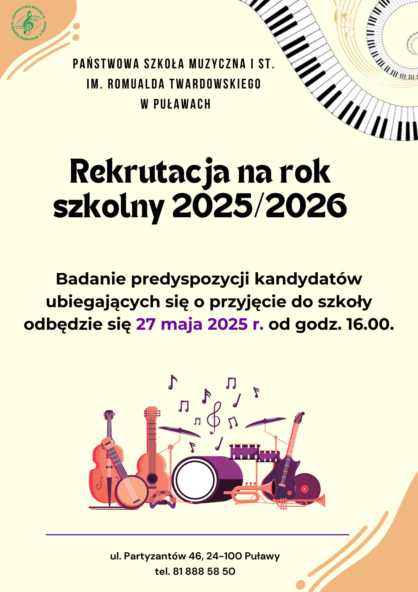 Plakat z informacją o terminie badania predyspozycji kandydatów na pomarańczowym tle z grafiką instrumentów