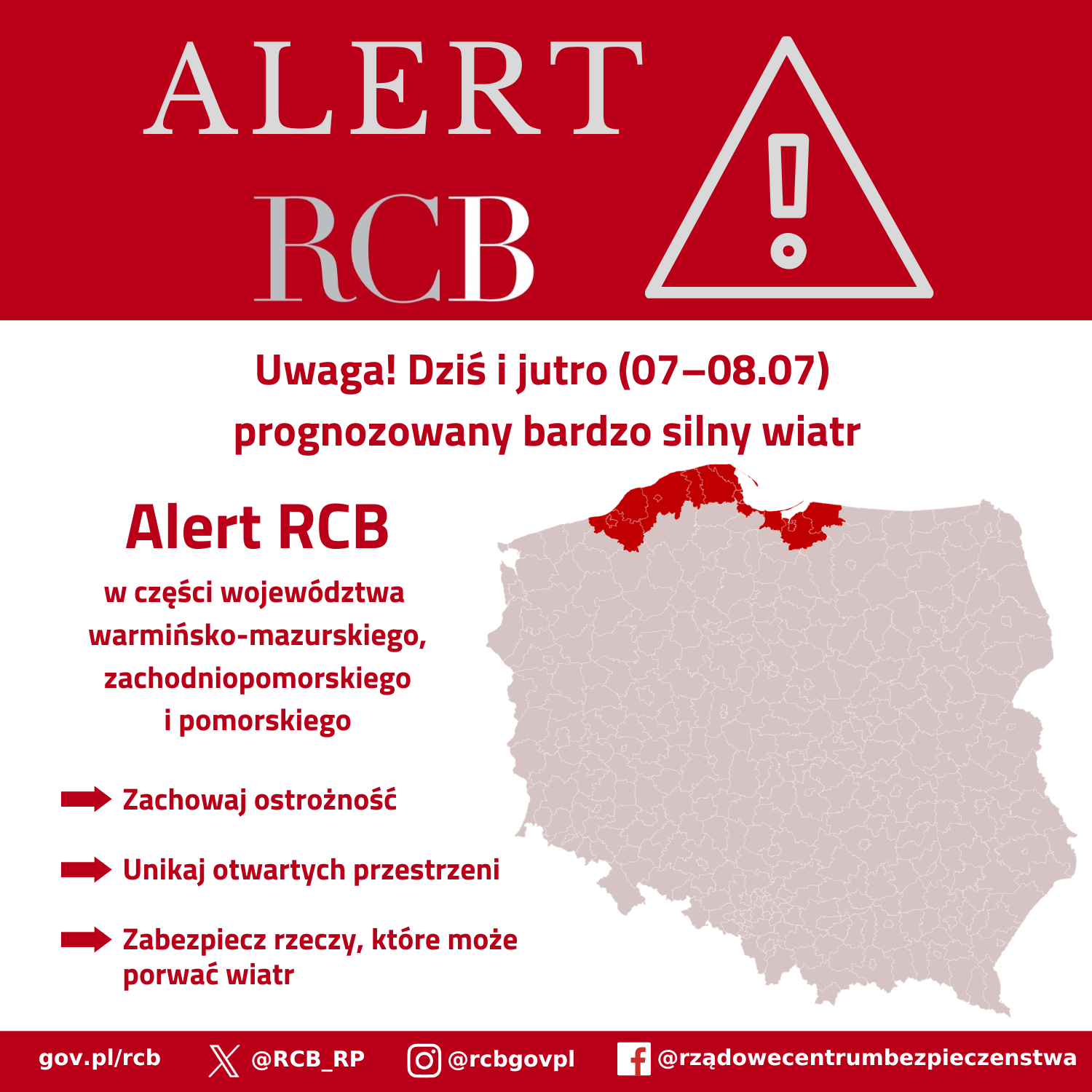 Alert RCB 7 i 8 lipca 2026 przed bardzo silnym wiatrem w części północnej Polski