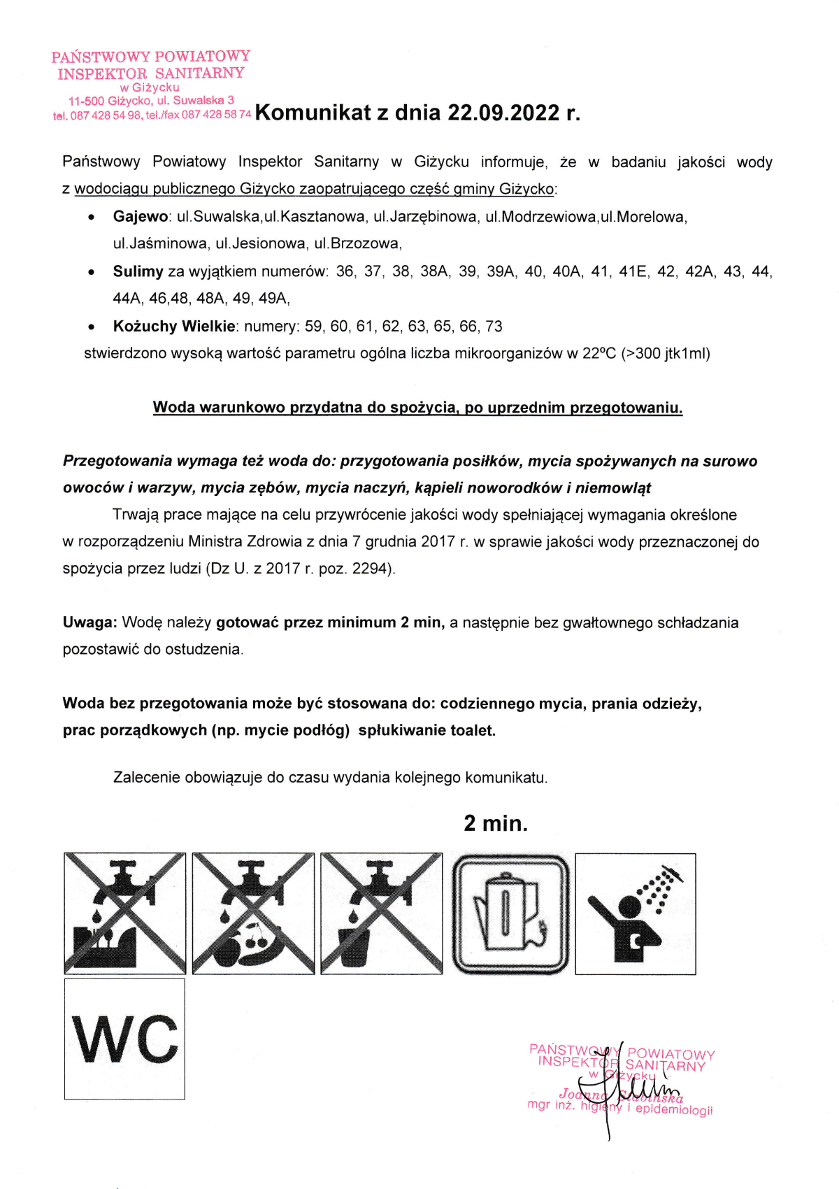Komunikat z dnia 22.09.2022 r. (dot. wodociągu publicznego Giżycko)