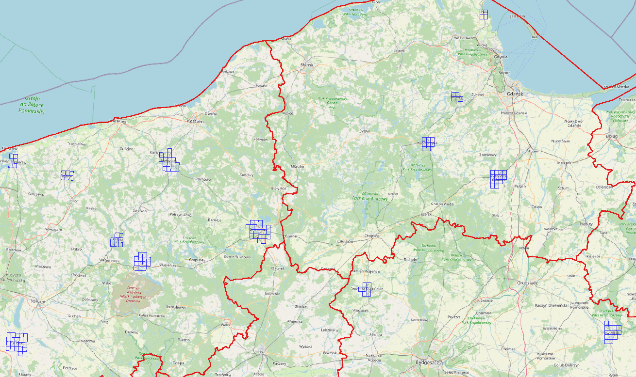 Ilustracja przedstawia zrzut ekranu z zasięgiem nowo przyjętych danych dla obszaru województw zachodniopomorskiego, pomorskiego i kujawsko-pomorskiego