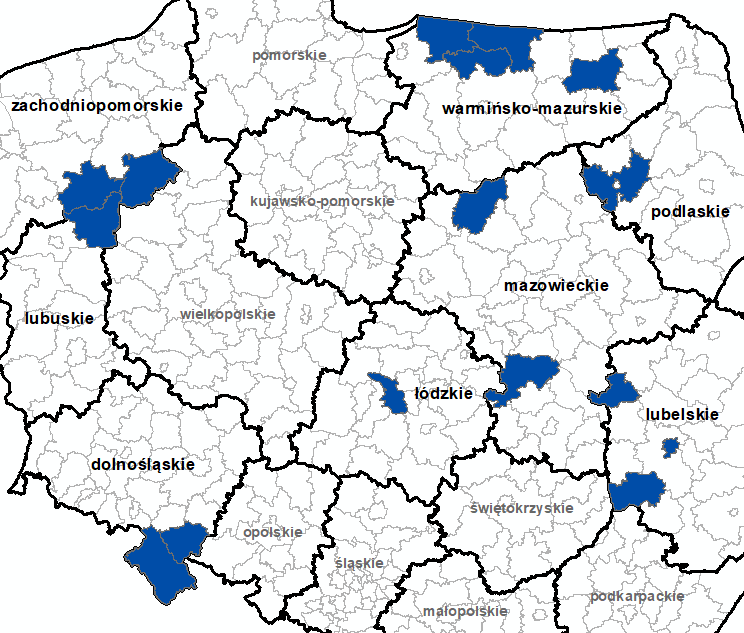 Ilustracja przedstawia obszary powiatów objętych aktualizacją zbiorów danych BDOT10k.