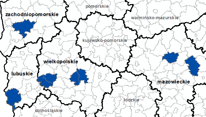 Ilustracja przedstawia obszary powiatów objętych aktualizacją zbiorów danych BDOT10k.