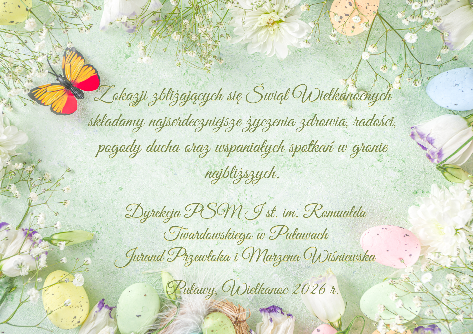 Życzenia Wielkanocne na zielonym tle z grafiką kolorowych pisanek i kwiatów