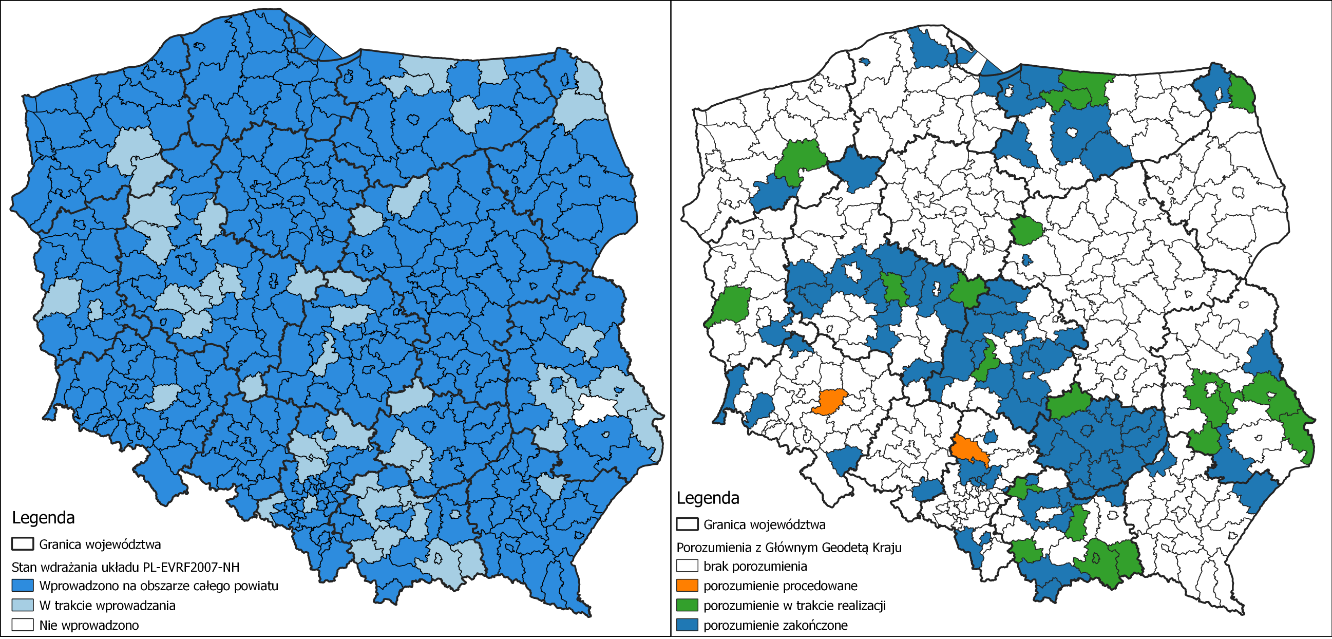 Ilustracja przedstawia zestawione obok siebie dwie mapy Polski z oznaczonym kolorystycznie: stanem wdrożenia układu PL-EVRF2007-NH w powiatach po lewej stronie i powiatami, z którymi zawarte zostało porozumienie po prawej stronie. 