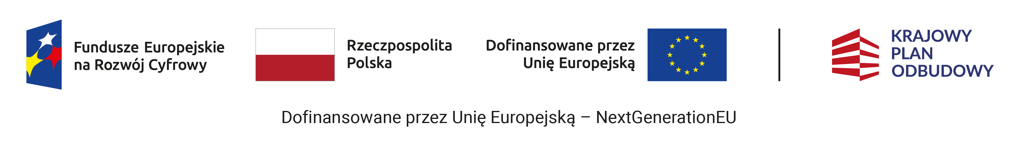 od lewej logotyp programu Fundusze Europejskie na Rozwój Cyfrowy, granatowy romb z trzema gwiazdkami, w środku flaga Polski, po prawej stronie flagi napis Rzeczpospolita Polska, po prawej stronie napisu, kolejny napis Dofinansowane przez Unię Europejską po prawej stronie flaga UE, granatowa z 12 żółtymi gwiazdkami, po prawej logo w kształcie kwadratu 3D w biało-czerwone paski, po prawej napis Krajowy Plan Odbudowy