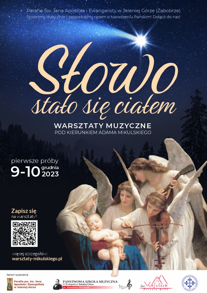 plakat wydarzenia: warsztaty muzyczne: słowo stało się ciałem, tło plakatu stanowi noc bożego narodzenia z gwiazdą betlejemską, Matka Boska z dzieciątkiem Jezus i grającymi im aniołami