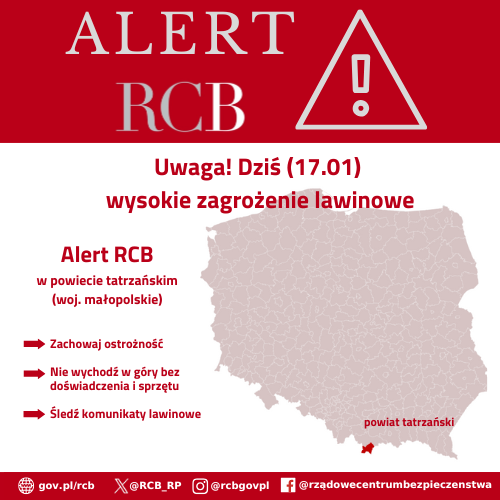 Alert RCB - zagrożenie lawinowe w powiecie tatrzańskim