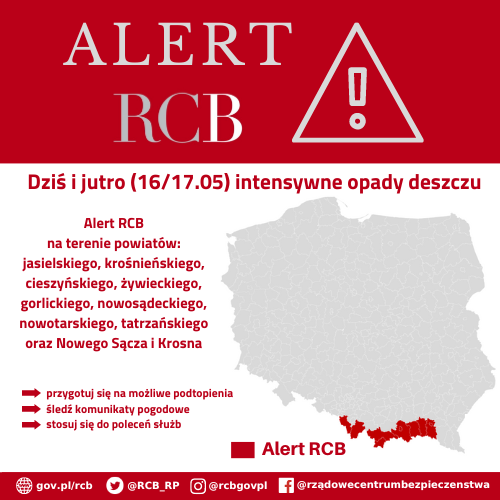 Alert RCB 16/17 maja – intensywne opady deszczu.