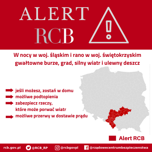 Alert RCB – gwałtowne burze, grad, silny wiatr i ulewny deszcz – 23 czerwca Śląsk i cz. woj. świętokrzyskiego.