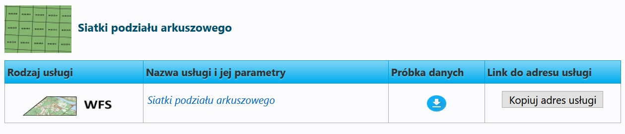 Ilustracja przedstawia zrzut ekranu z serwisu www.geoportal.gov.pl z tabelką w której wymieniona jest usługa WFS z siatkami podziału arkuszowego wraz z jej adresem sieciowym.