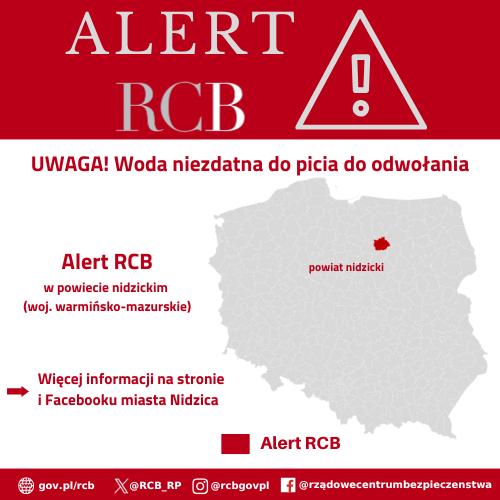 Alert RCB - woda niezdatna do picia - 30 lipca 2025. Kolorem czerwonym zaznaczony jest obszar alarmowania.