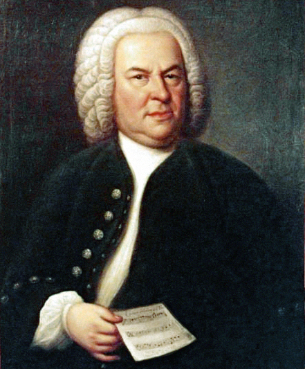 Postać kompozytora Jana Sebastiana Bacha na czarnym tle z kartką nut w ręku. 