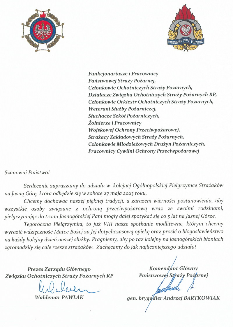 VIII Ogólnopolska Pielgrzymka Strażaków na Jasną Górę 27 maja 2023 r. 
