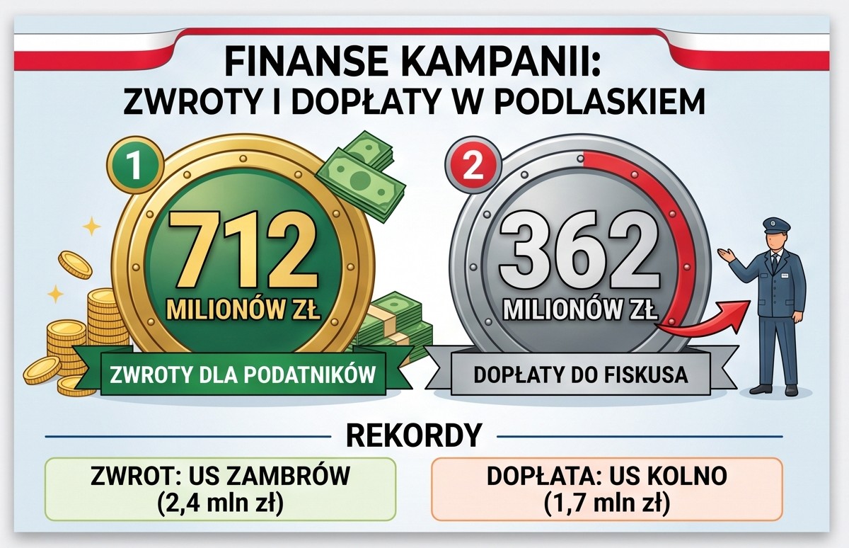 Finanse kampanii 712 milionów zł zwrotów 362 miliony zł nadpłat Największy zwrot w US w Zambrowie (2,4 mln zł) Największa dopłata w US w Kolnie (1,7 mln zł)