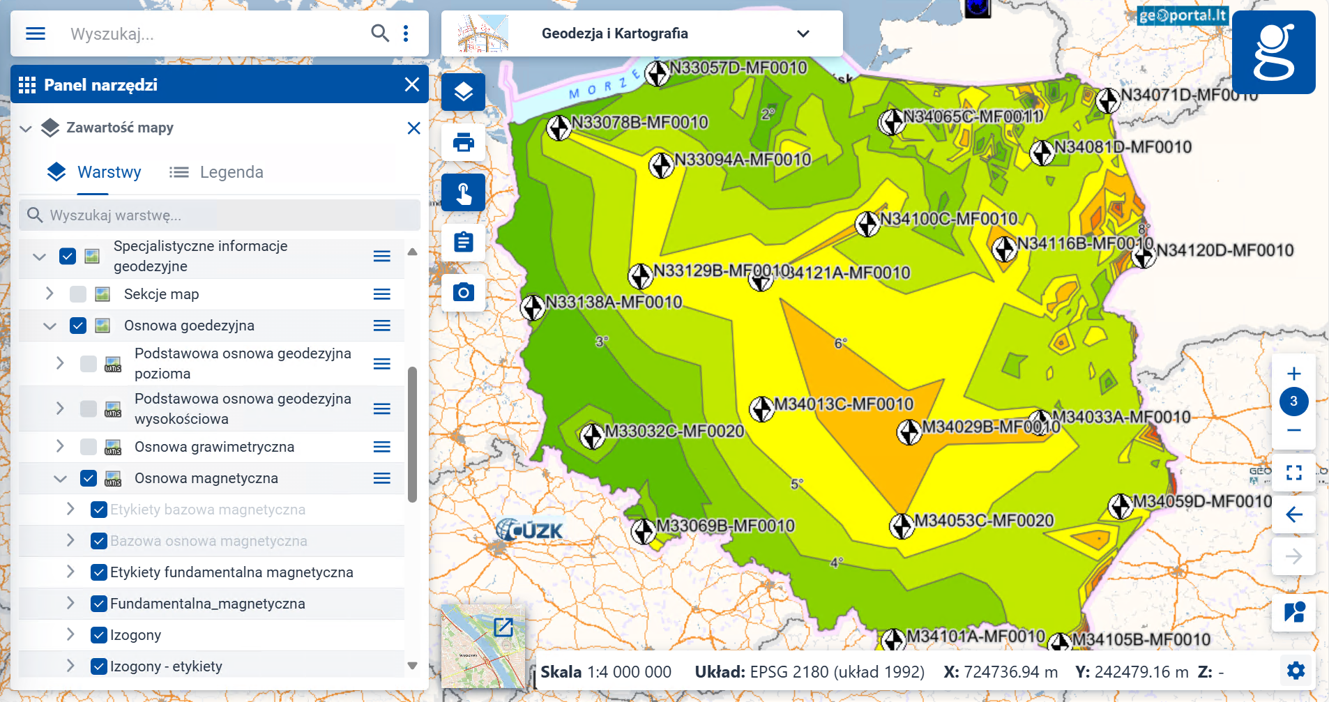 magnetyzm w geoportal.gov.pl – zrzut przedstawia sposób dostępu do warstwy z osnową magnetyczną w serwisie mapowym geoportalu.gov.pl