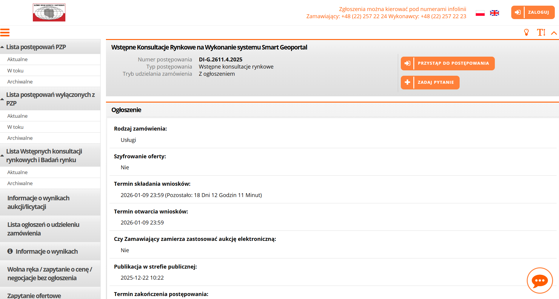 Zrzut ekranu z platformy eZamawiający, ze szczegółami opublikowanego ogłoszenia WKR.