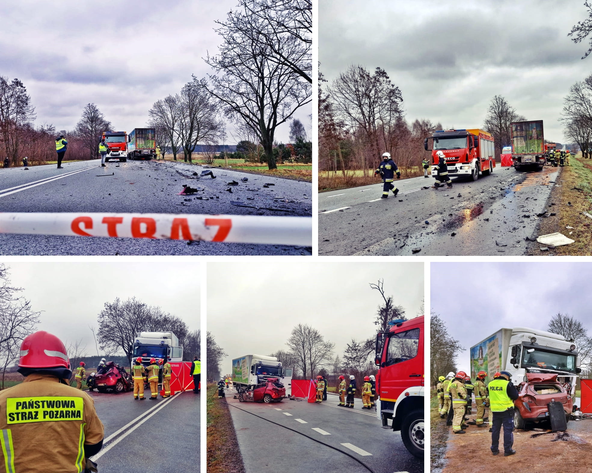 Kolaż zdjęć z wypadku samochodu osobowego i ciężarowego w miejscowości Bojmie, gm. Kotuń.